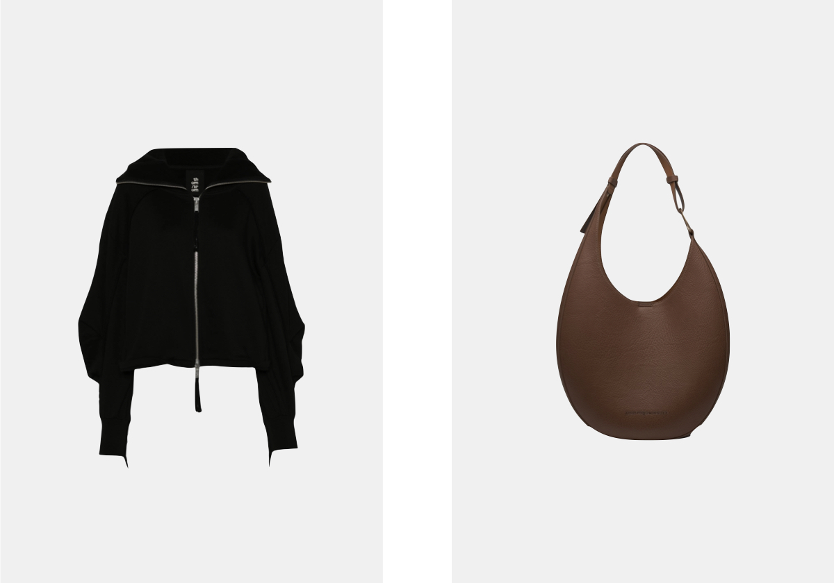 Casaco em algodão, € 692, Thom Krom em farfetch.com; carteira Luna em pele sintética, € 149, Adolfo Dominguez.