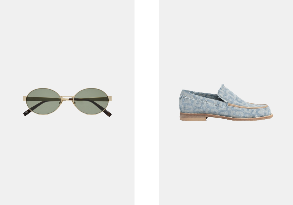 óculos de sol SL 692, € 375, Saint Laurent by Anthony Vaccarelo; sapatos em denim, € 530, GCDS.