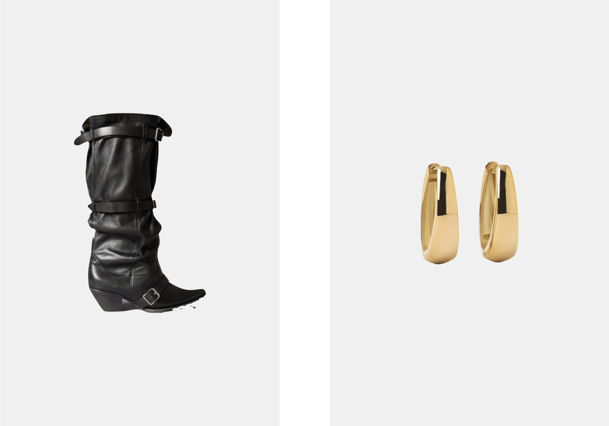 Botas em pele, € 2.145, R13; brincos em aço inoxidável, € 15,99, Parfois.