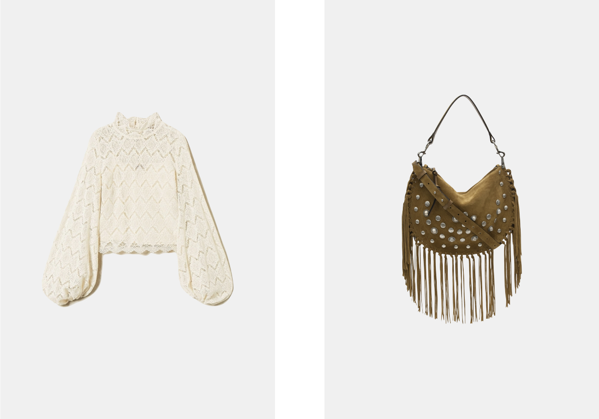 Blusa em renda, € 249, Twinset; carteira Oskan Hobo em pele, € 1.390, Isabel Marant.